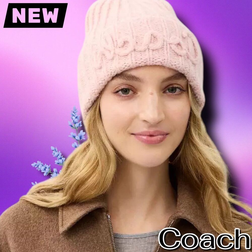 🔴New NWT Coach Script Knit Beanie Cozy Hat – Pink - Picture 2 of 3